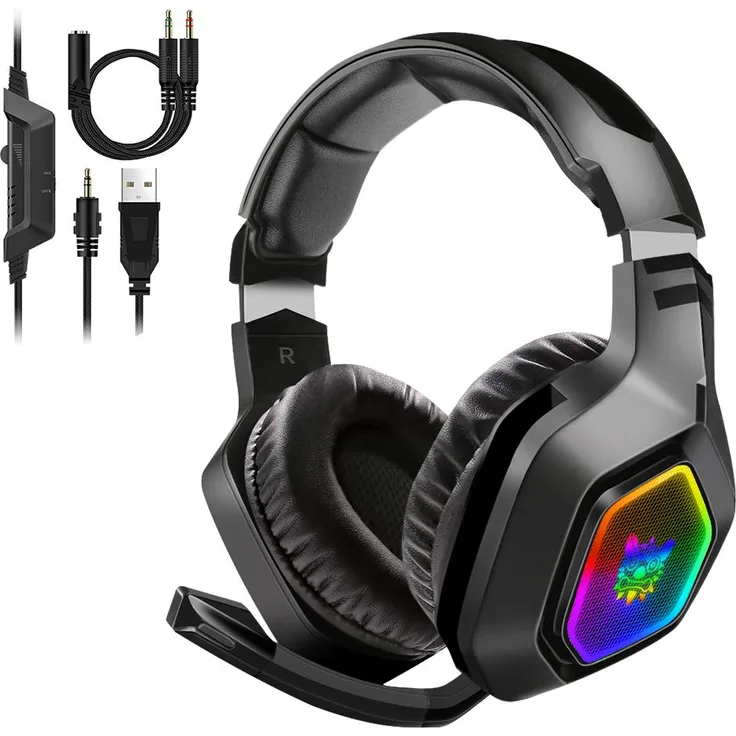 ONIKUMA K10 Black Gaming Headset PS4 PC Xbox One Kopfhörer mit Mikrofon Surround-Sound, bequeme Ohrenschützer mit LED-Beleuchtung Geeignet für 3,5-mm-Buchse