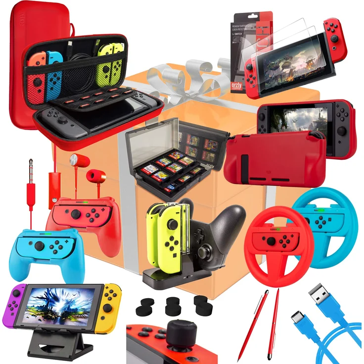 ORZLY Zubehörpaket-Switch Orzly Geek Pack für Nintendo Switch: Tragetasche & Displayschutzfolie, Joycon Grips & Lenkrad, JoyCon/Pro-Controller-Ladestation, Comfort Grip Tasche & More - ColourPop – Bild 1