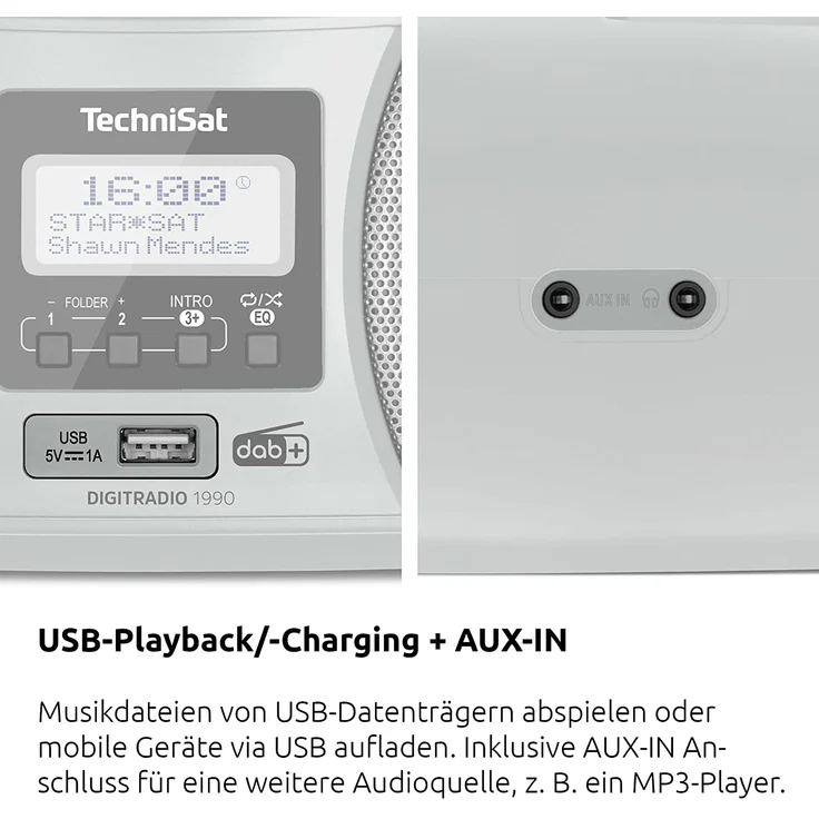 TechniSat DIGITRADIO 1990 - Stereo-Boombox mit DAB+/UKW-Radio und CD-Player (Bluetooth-Audiostreaming, Kopfhöreranschluss, USB, AUX in, Ladefunktion, Uhr, 2 x 1,5 Watt Ausgangsleistung) silber – Bild 6