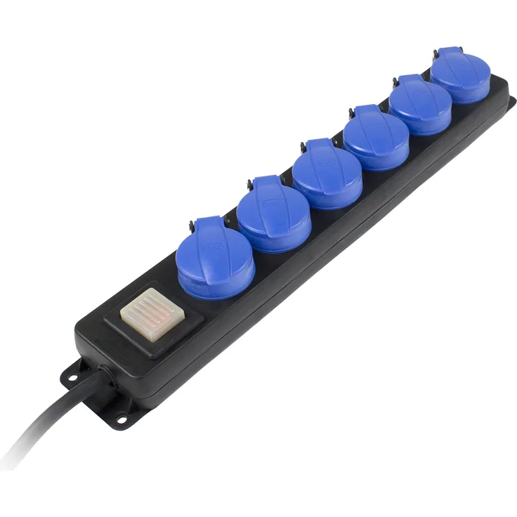 as – Schwabe 6-fach Verteilersteckdosenleiste – Outdoor-Mehrfachstecker mit 1,5 m Leitung – Mehrfach-steckdose 230 V - 16 A Klappdeckel, Schalter & Wandbefestigung – IP44 – Schwarz I 38606