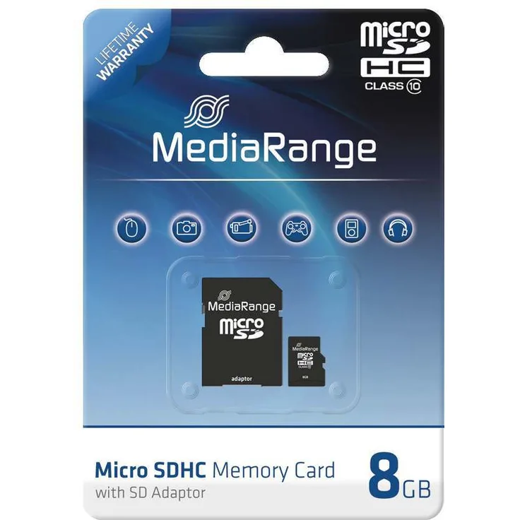 MediaRange microSDHC Speicherkarte, Klasse 10, mit SD-Karten Adapter, 8GB