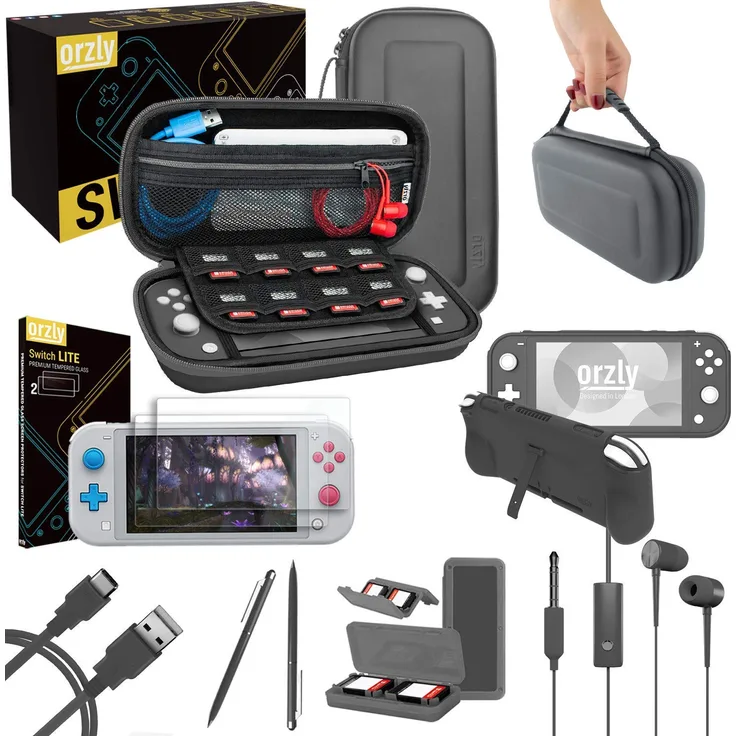 Orzly Switch Lite Accesoires, Zubehör für Nintendo Switch Lite (2019) Panzerglas Schutzfolien, USB Ladekabel, Konsole Tragetasche, Spiele Patronenhülse, Comfort Grip Case, Kopfhörer - Grau - Preisvergleich