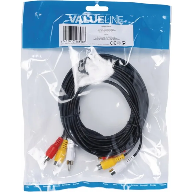 Valueline VLVP24305B50 Cinch AV-Verlängerungskabel (3X Cinch Stecker, 5m) schwarz