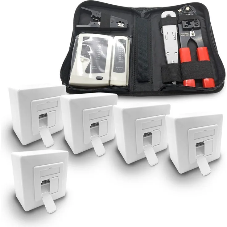 ARLI Netzwerk-Adapter, 5x ARLI Cat6a Netzwerkdose 2 Port + Werkzeugset - Crimpzange Rj45 + Tester + LSA + Kabelmesser Werkzeug Set