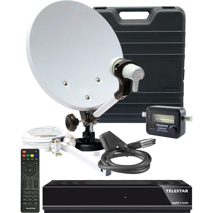 Telestar 5103328 Camping-Sat-Komplett-Anlage digiSD 5 mobil (Receiver, 35 cm (13,7 Zoll)Spiegel, Single-LNB, Kompass, Sat-Finder,10m Kabel, diverse Halter) Beige