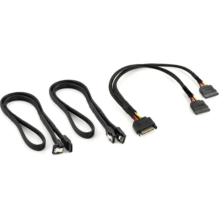 Poppstar Sata 3 Datenkabel mit Y Sata Stromadapter (2x 60cm Sata 3 Kabel (Stecker 1x gerade, 1x gerade-90°), 30cm S-ATA Stromadapter (15-Pin Stecker auf 2x Buchse)), gesleevt, schwarz