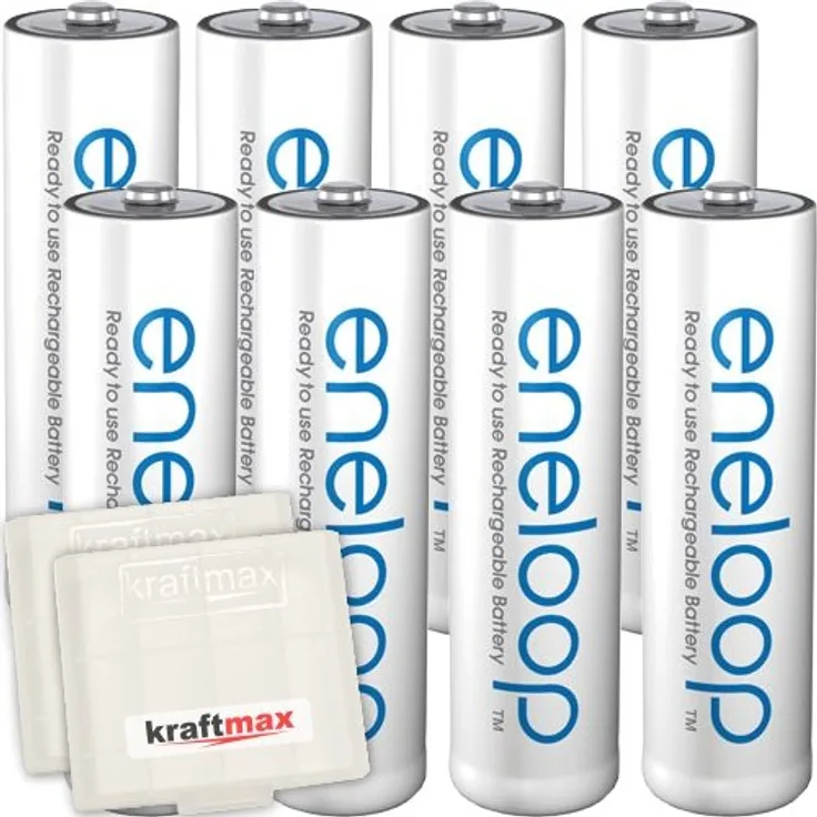 Kraftmax 8er-Pack Panasonic Eneloop AA / Mignon Akkus Neueste Generation Hochleistungs Akku Batterien in Kraftmax Akkuboxen V5, 8er Pack