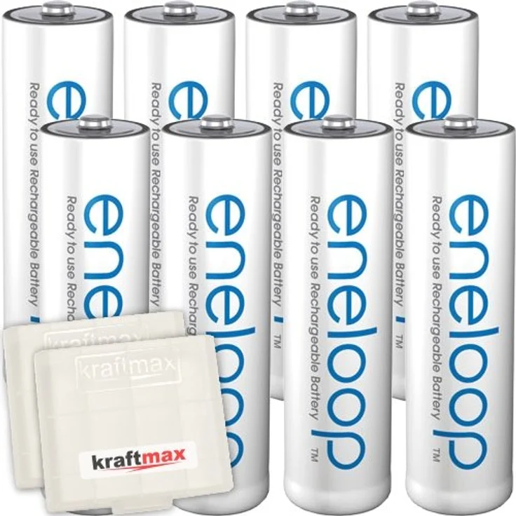 Kraftmax 8er-Pack Panasonic Eneloop AA / Mignon Akkus Neueste Generation Hochleistungs Akku Batterien in Kraftmax Akkuboxen V5, 8er Pack