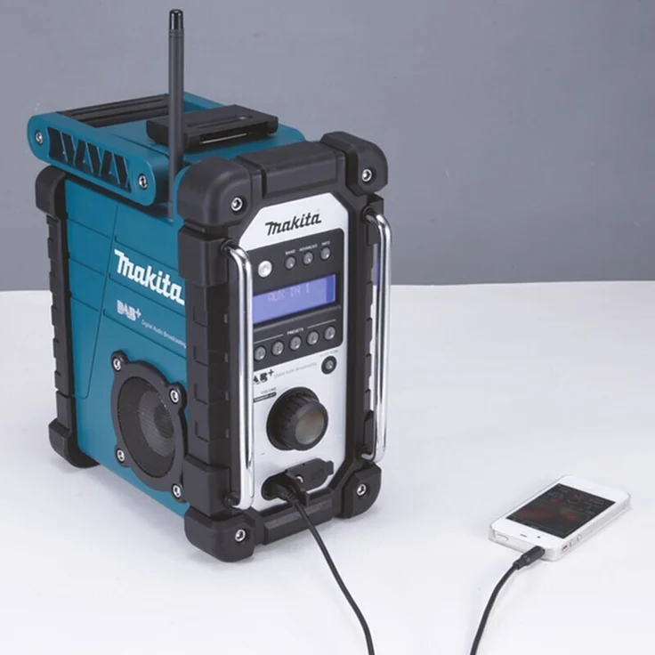 Makita DMR110 ohne Akku und Ladegerät, mit Netzteil Baustellenradio, geeignet für Outdoor, spritzwassergeschützt, türkis – Bild 11