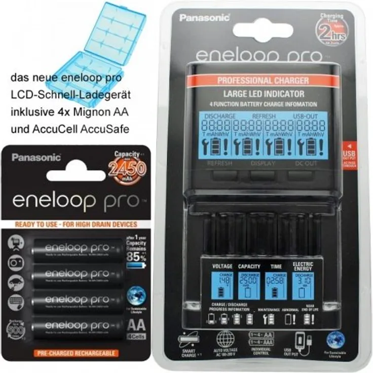 Panasonic eneloop Ladegerät BQ-CC65 inkl. LCD-Display, 4 eneloop pro AA Mignon,