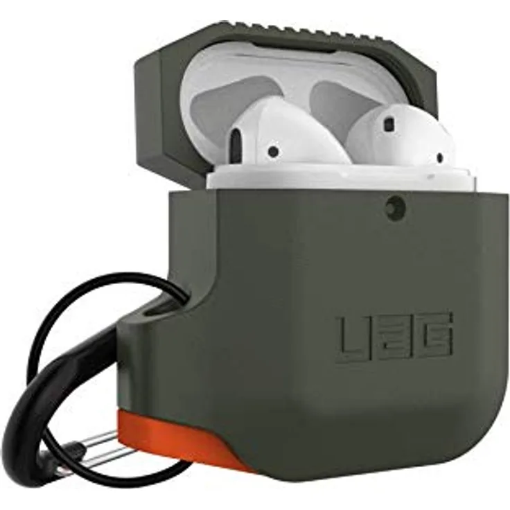 Urban Armor Gear Silikon Hülle Apple Airpods 2 (2019) - Apple Airpods 1 (2016) (Wireless Charging kompatibel 2. Generation, Sturzfest nach MIL STD 8105G, inklusive Karabinerhaken) - grün - orange