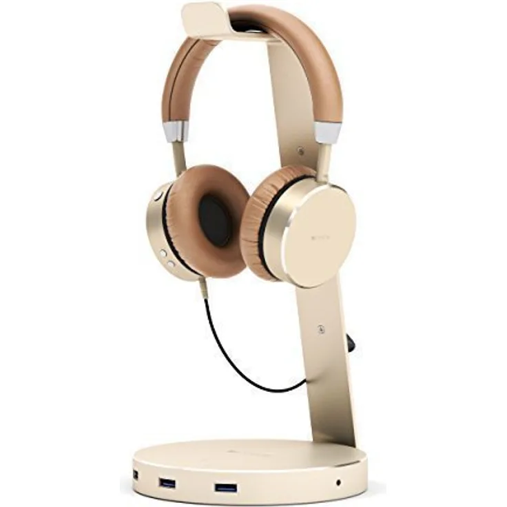 Satechi Aluminium USB Kopfhörerständer mit drei USB 3.0 Anschlüssen und 3,5mm AUX Anschluss Für alle Kopfhörergrößen geeignet (Gold)