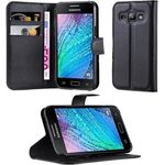 cadorabo Hülle für Samsung Galaxy J1 2015 in PHANTOM SCHWARZ Handyhülle mit Magnetverschluss, Standfunktion und Kartenfach Case Cover Schutzhülle Etui Tasche Book Klapp Style