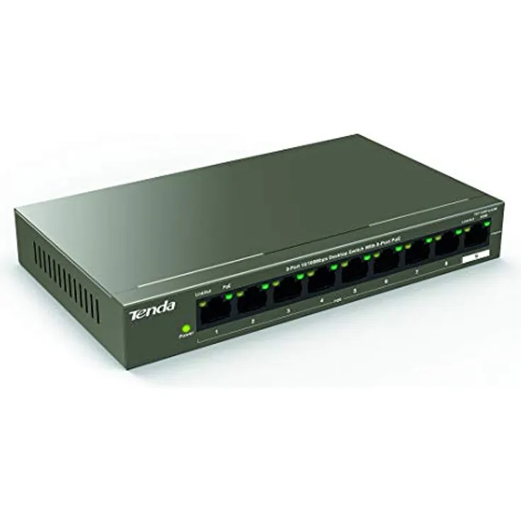 Tenda TEF1109P-8-63W - 8 Port 10-100 Mbit-s Desktop Switch mit 8 Port PoE, Max. 58 Watt, Zusätzlich 1x Uplink, Vollduplex, Metallgehäuse, 250 Meter, Plug & Play