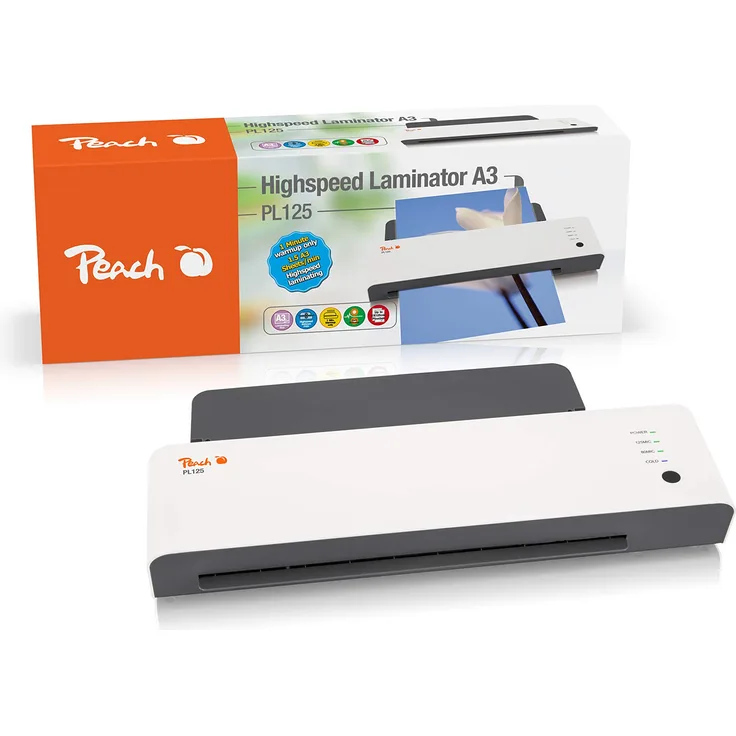 PEACH PL125 Laminiergerät DIN-A3, startklar in 1 Minute, 2x125 mic., 600 mm pro min, inkl. 10 Laminierfolien, spart bis zu 60% Energie, Heißlaminiergerät
