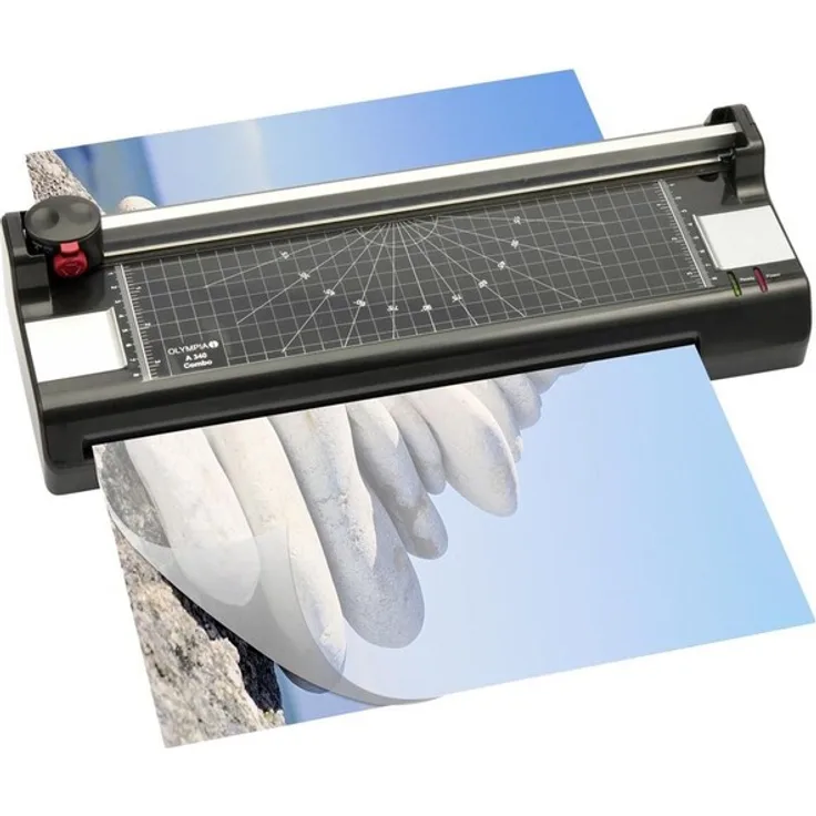 Olympia A 340 Laminiermaschine mit Papierschneider (Heiß- und Kaltlaminieren, DIN A3, Kompaktes Design, Papierschneidegerät mit Eckenrunder, Laminiermaschine mit 2 Rollen inkl. Folien-Set)