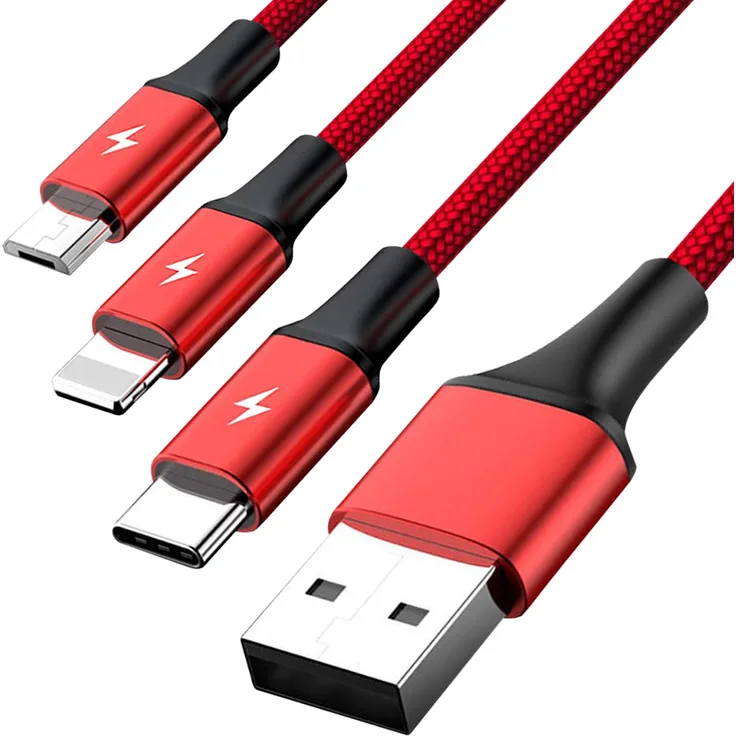 Unitek Premium Multi 3 in 1 USB Ladekabel Universal Mehrfach Ladegert Kabel Micro USB-Typ C-Lightning 3A 1.2M für iPhone-Android Smartphone - Rot-Schwarz