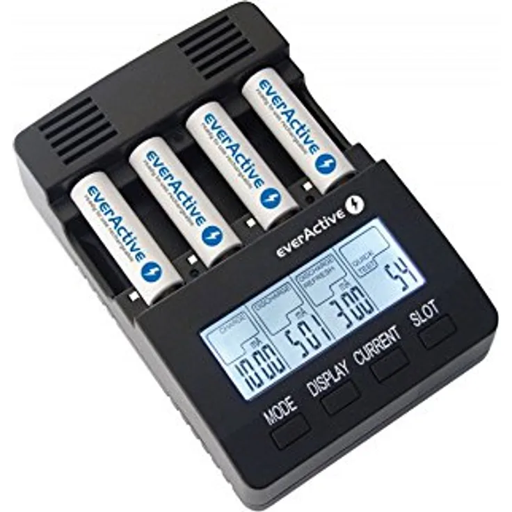 everActive Ladegerät für 4 Akkus AAA AA, professionell und schnell, LCD Anzeige, Kapazitätstest, interner Widerstandstest, Modell: NC-3000
