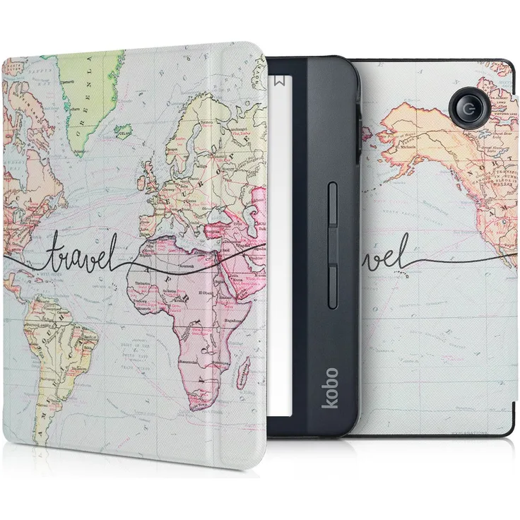kwmobile E-Reader-Hülle, Hülle für Kobo Libra H2O - Kunstleder eReader Schutzhülle Cover Case - Travel Schriftzug Design
