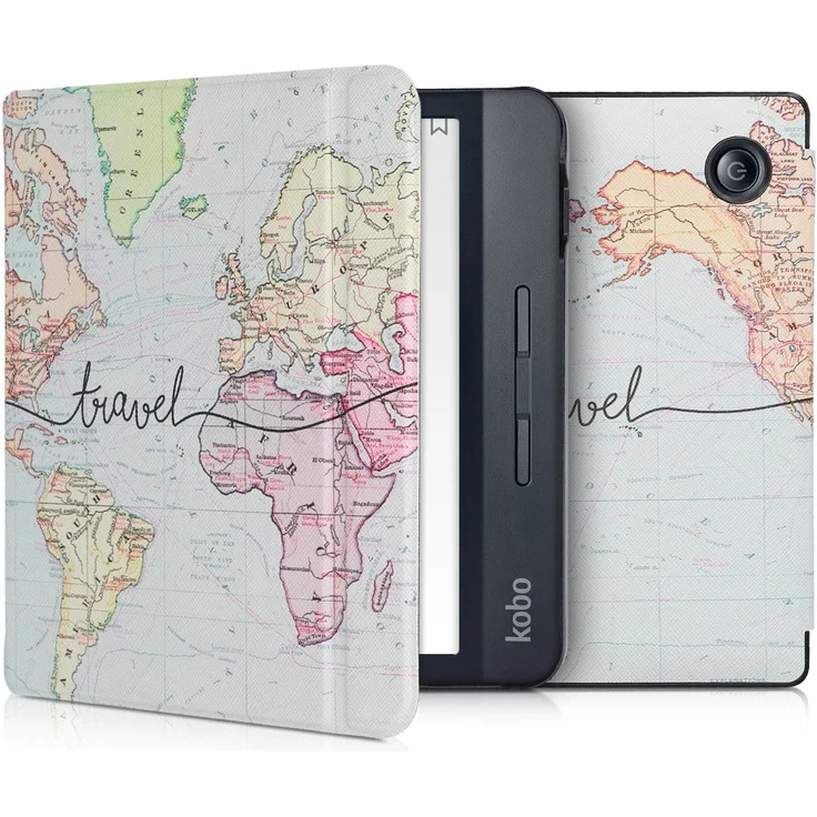 kwmobile E-Reader-Hülle, Hülle für Kobo Libra H2O - Kunstleder eReader Schutzhülle Cover Case - Travel Schriftzug Design