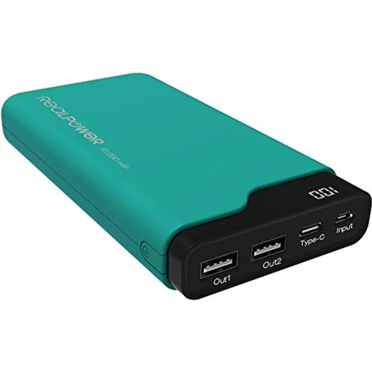 RealPower PB-15000C, 15.000mAh Powerbank-Externer Akku-Ladegerät, 3 x Out (2 x USB, 1 x Type-C), 2 x In (Micro-USB-Type-C), Digitales Display, für iphone, iPad, Samsung Galaxy und weitere, (Grün)