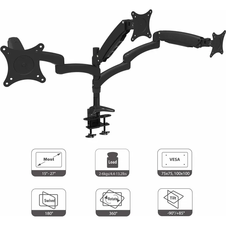 HFTEK DS137DB Monitorarm - Triple - Halterung Halter Tischhalterung für 3 Bildschirme von 15 27 Zoll mit VESA 75 / 100