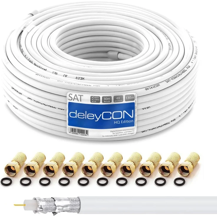 deleyCON HQ 30m SAT Koaxial Kabel 130dB - 4-fach geschirmt für DVB-S - S2 DVB-T und DVB-C - Stahl/Kupfer Innenleiter - 4K 1080p FULL HD HDTV - inkl. 10x vergoldete F-Stecker – Bild 1