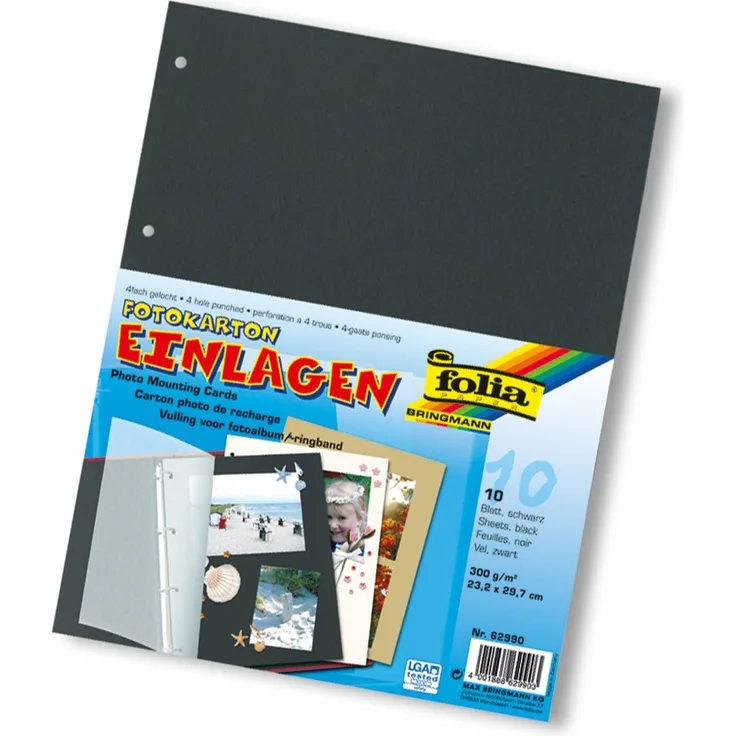 folia 62990 - Fotokartoneinlagen, 10 Blatt, 4 fach gelocht, A4, schwarz