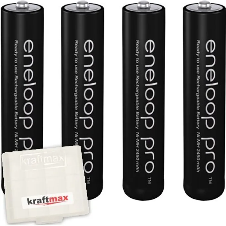 Kraftmax 4er-Pack Panasonic Eneloop PRO XX AAA / Micro Akkus Neueste Generation 950 mAh Hochleistungs Akku Batterien in Kraftmax Akkubox V5, 4er Pack