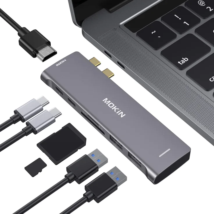 USB-C-Hub, USB-C-Adapter für MacBook Pro 2019 2018 2017, USB C auf HDMI 2 USB 3.0 SD TF-Kartenleser, USB C Daten-Port und USB C Power Pass-Through-Port