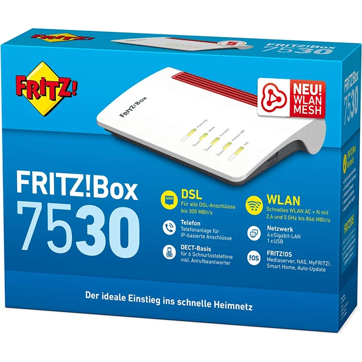 AVM FRITZ! Box 7530 WLAN AC+N Router (DSL-VDSL, 866 MBit-s (5GHz) & 400 MBit-s (2,4 GHz), bis zu 300 MBit-s mit VDSL-Supervectoring 35b, WLAN Mesh, DECT-Basis, Media Server, geeignet für Deutschland) – Bild 3