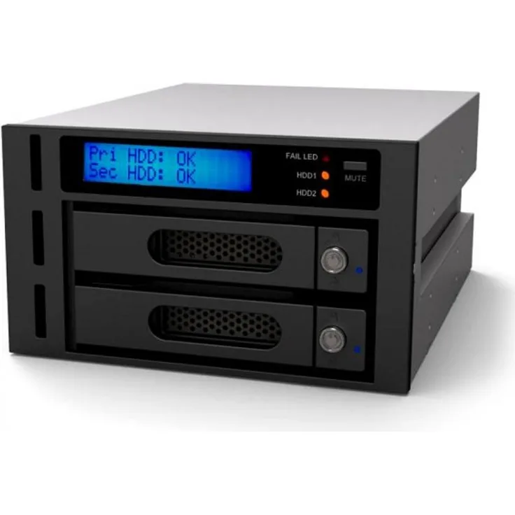 Raidon iR2622 Internes RAID-Gehäuse für 2x SATA HDD-SSD, 2,5 Zoll-3,5 Zoll, RAID 0-1, Display, Trägersystem, Lüfter, RS-232, Einbau in 2x 5,25 Zoll