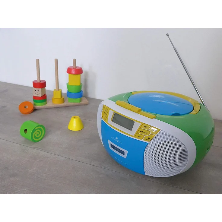 SCHWAIGER -661644- Tragbarer CD-Player mit Kassette und UKW FM Radio MP3 USB AUX-IN Kopfhörer Boombox 2,4 W RMS Stereo Batterie/Netzbetrieb weiß, grün – Bild 7