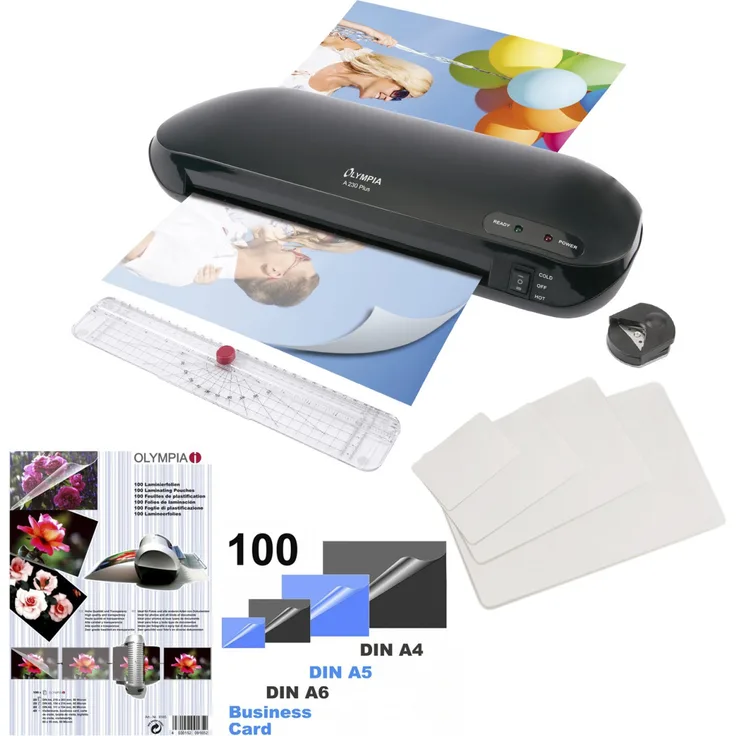 Premium Laminierset 4 in 1 von Olympia A 230 Plus mit Trimmer, Eckenrunder und 100 gemischten Folien