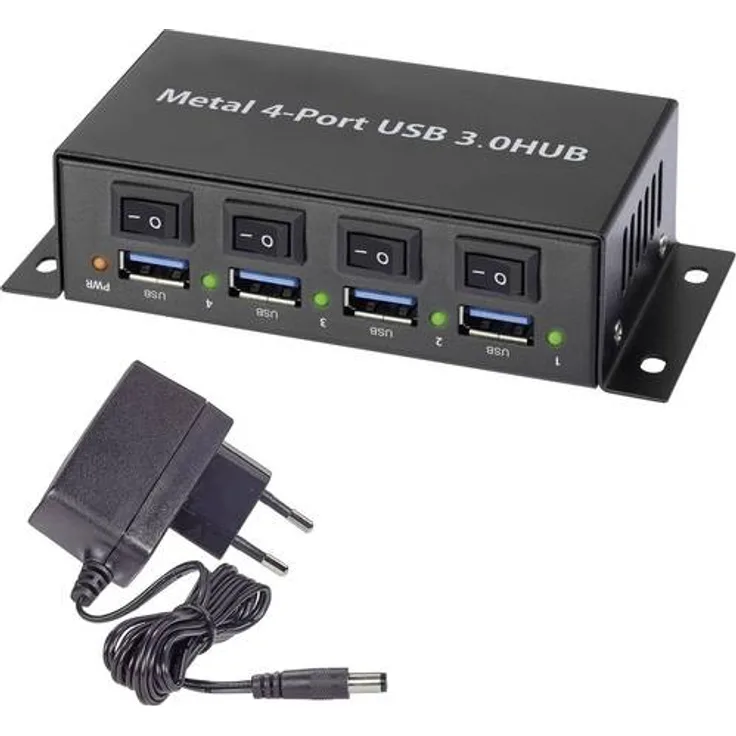 Renkforce 4 Port USB 3.0-Hub Metallgehäuse, einzeln schaltbar, zur Wandmontage Schwarz