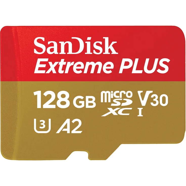 SanDisk Extreme Plus 128GB microSDXC Class 10 Speicherkarte mit SD-Adapter, Gold-Rot