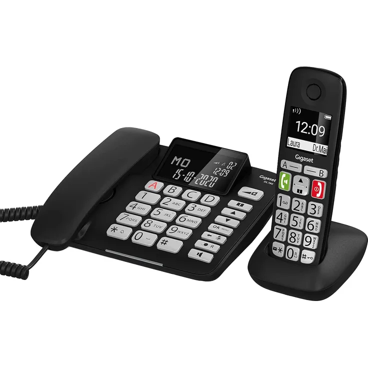 Gigaset DL780 Plus, Schnurgebundenes Telefon & schnurloses Telefon, Kombi-Set, Verstärker-Funktion für extra lautes Hören, hörgerätekompatibel, gemeinsames Telefonbuch, schwarz
