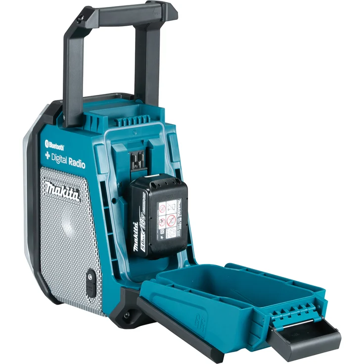 Makita DMR 115 mit Akku 3 Ah + Ladegerät Baustellenradio mit Bluetooth, geeignet für Outdoor, spritzwassergeschützt, blau – Bild 2