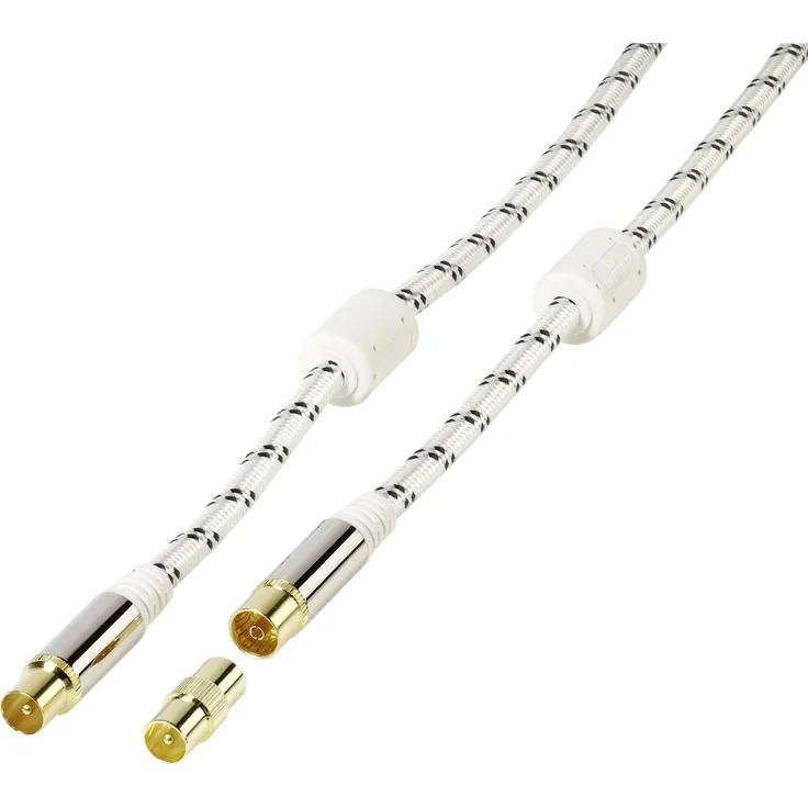 Vivanco Antennen Anschlusskabel (1x Antennenstecker 75 - 1x Antennenbuchse 75 ) 5 m vergoldete Steckkontakte, vierfach geschirmt, mit Ferritkern Weiß (48146)