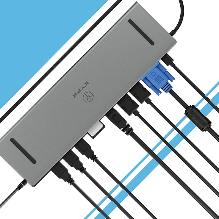 ICY BOX USB-C Docking Station für Windows, 2x HDMI, LAN, Power Delivery, USB 3.0 Hub, Kartenleser, Audio, Aluminium, Grau – Bild 5