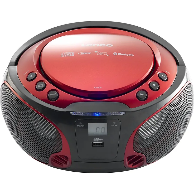 Lenco Boombox SCD-550 Red Tragbarer Cd-Player mit Discolichteffekt, FM Radio, USB Playback, Bluetooth, Aux-Eingang, Kopfhörerbuchse Rot