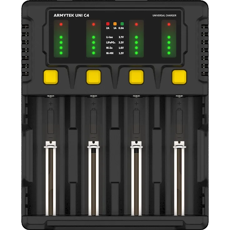 Armytek Uni C4 Akku - Ladegerät - 4 Kanäle - LED-Anzeige - Eingang AC 85-264V oder DC 12V - für nahezu JEDEN Akku - Plug C, incl. Fahrzeugadapter