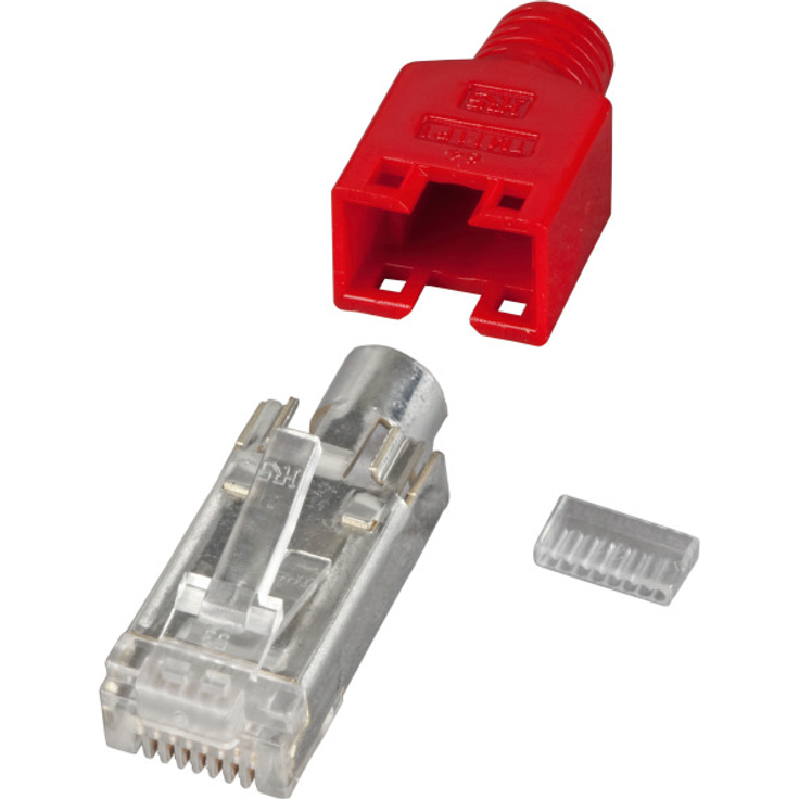 EFB-Elektronik GmbH RJ45-Hirose Stecker STP, TM11 rot, 100 Stück, 3 Elemente, Cat. 5e, Bis 100 MHz (Cat.5e) für Litzen Geschirmte Ausführung Aderisolierung ca. 0.9 - 1.0 mm Kabeldurchmesser max. 5.8 mm Das Set besteht aus RJ-Stecker, K