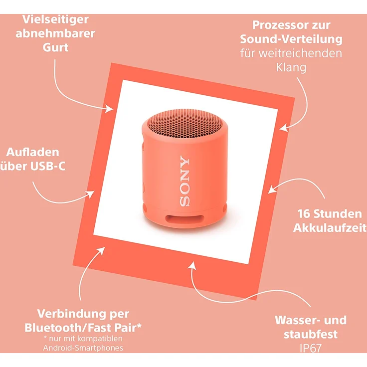 Sony SRS-XB13 Bluetooth-Lautsprecher, tragbar, Extra Bass, 16 Stunden Akkulaufzeit, wasserfest (IP67), Korallenrosa – Bild 6
