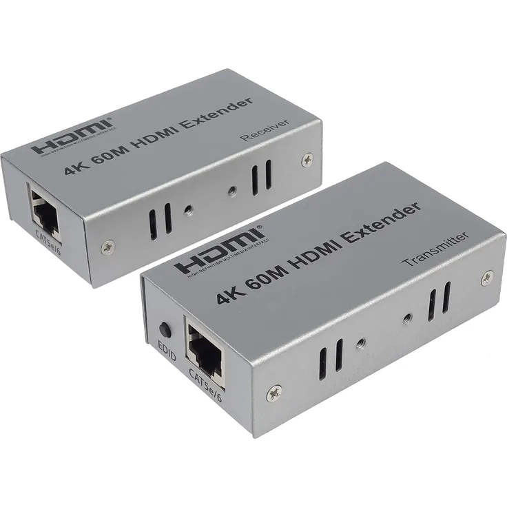 PremiumCord 4K HDMI Extender bis zu 60m über Patchkabel Cat5e - Cat6, LAN Kabel, Metallgehäuse, Kompatibel mit 4K 2160p UHD, Full HD 1080p 60Hz, 3D