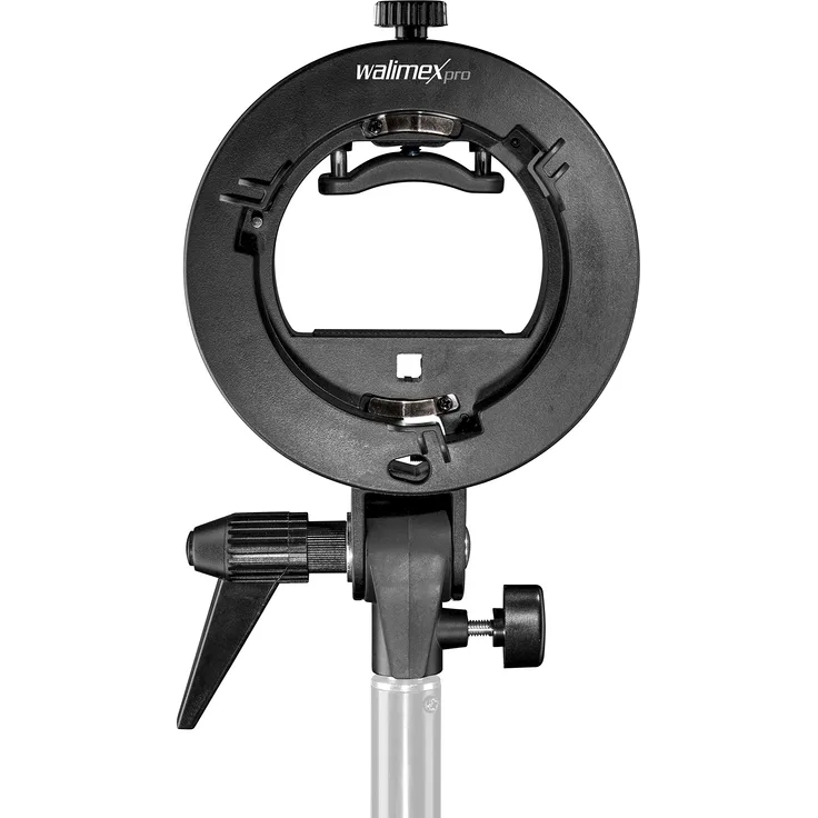 Walimex Pro Universal Systemblitzhalter S-Type (für System- und Kompaktblitze, Speedlite-Blitzvorsatz, ideal für Softboxen, Reflektoren, Beauty Dish, Reflexschirme, stufenlos verstellbar) schwarz