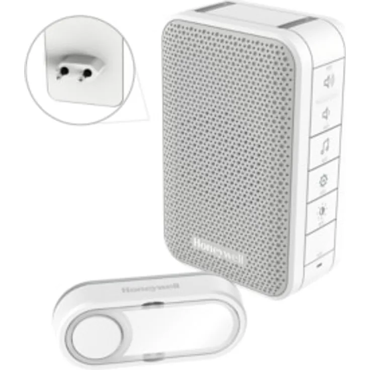 Honeywell Home Funk-Gong-Zwischenstecker-Set 6 Töne 84dB LED-Blitz Lautstärkeregler Schlafmodus, 150 m, weiß, DC313SP2