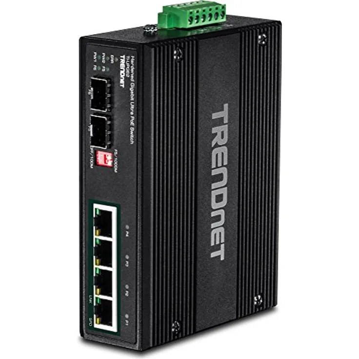 TRENDnet 6-Port gehärteter industrieller Gigabit 10-100-1000 Mbps Ultra PoE DIN-Schiene Switch, UPoE, IP30, DIN-Schiene & Halterungen für Wandbefestigung inbegriffen, TI-UPG62