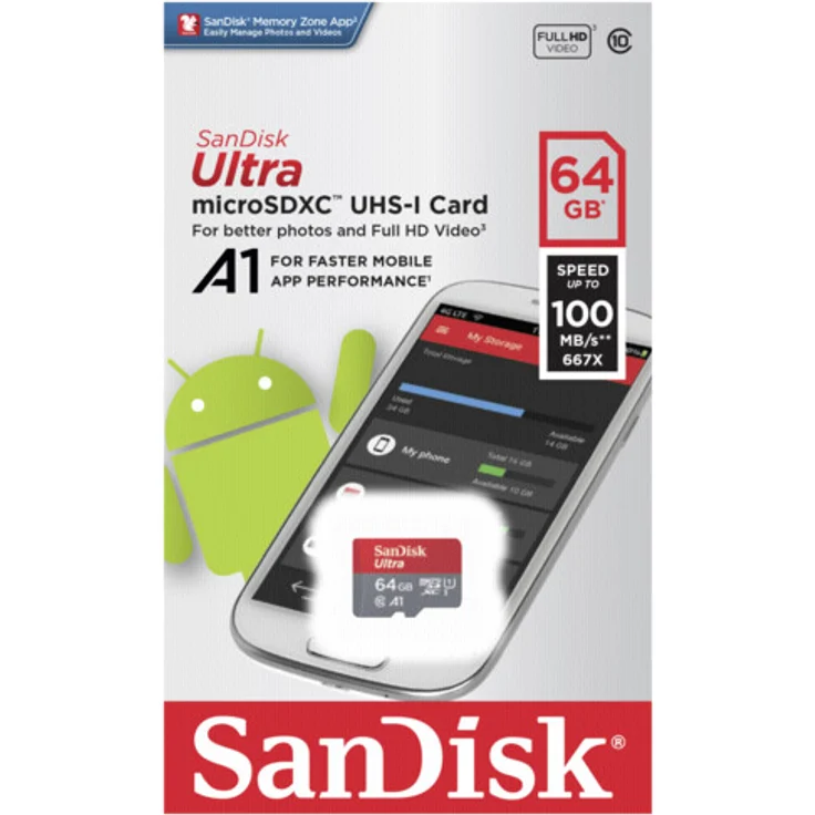 SanDisk Ultra 64GB (SDSQUAR-064G-GN6MA)microSDXC Speicherkarte + Adapter bis zu 100 MB-Sek., Class 10, U1, A1,Grau, Rot – Bild 2