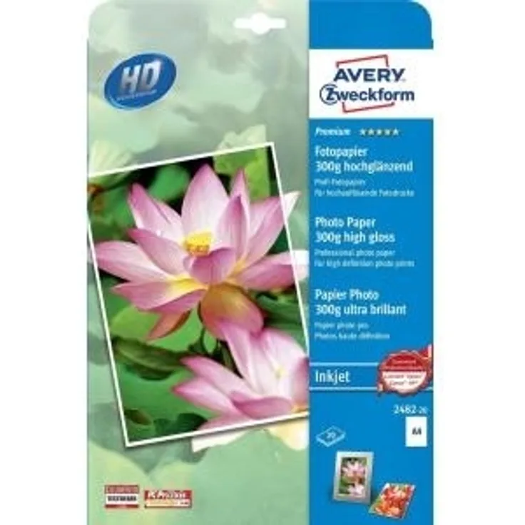 AVERY Zweckform 2482-20 Premium Inkjet Fotopapier (A4, einseitig beschichtet, hochglänzend, 300 g-m², 20 Blatt)